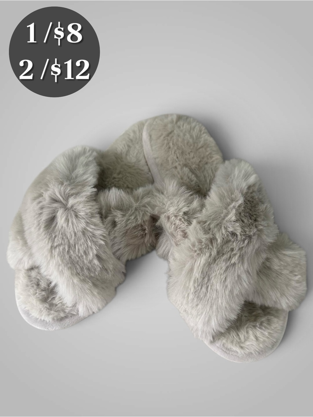 Fuzzy Cross Band, Open Toe Slip On Slippers. Light Grey. Size M. NWOT.